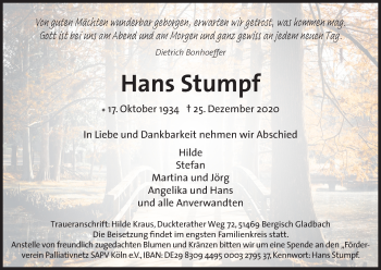 Anzeige von Hans Stumpf von Kölner Stadt-Anzeiger / Kölnische Rundschau / Express