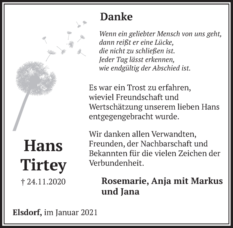  Traueranzeige für Hans Tirtey vom 08.01.2021 aus  Werbepost 