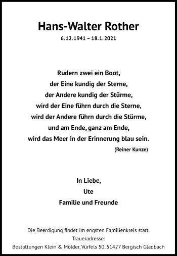 Anzeige von Hans-Walter Rother von Kölner Stadt-Anzeiger / Kölnische Rundschau / Express