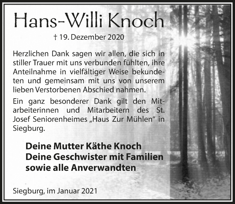  Traueranzeige für Hans-Willi Knoch vom 29.01.2021 aus  Extra Blatt 