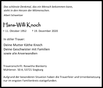Anzeige von Hans-Willi Knoch von Kölner Stadt-Anzeiger / Kölnische Rundschau / Express