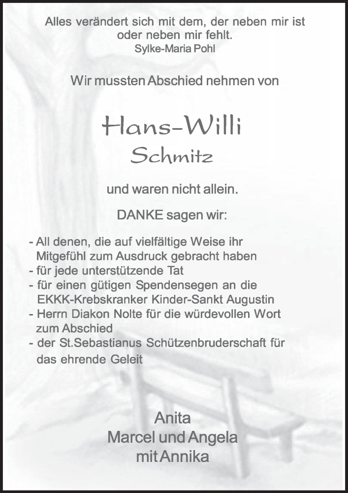  Traueranzeige für Hans-Willi Schmitz vom 22.01.2021 aus  Schlossbote/Werbekurier 