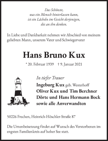 Anzeige von Hans Bruno Kux von  Wochenende 