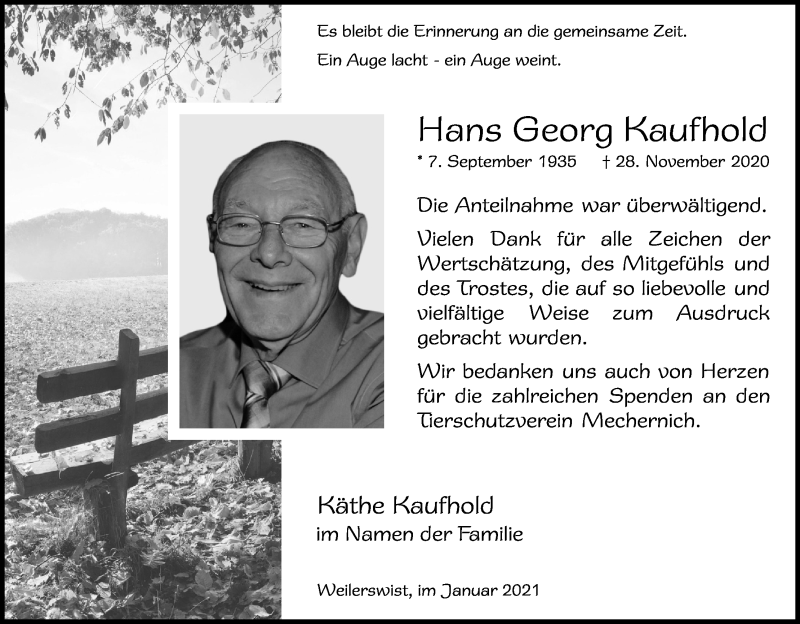  Traueranzeige für Hans Georg Kaufhold vom 16.01.2021 aus Kölner Stadt-Anzeiger / Kölnische Rundschau / Express
