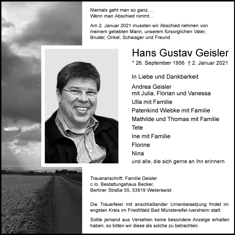  Traueranzeige für Hans Gustav Geisler vom 16.01.2021 aus  Blickpunkt Euskirchen 