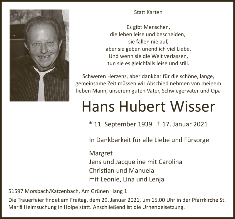  Traueranzeige für Hans Hubert Wisser vom 22.01.2021 aus  Lokalanzeiger 