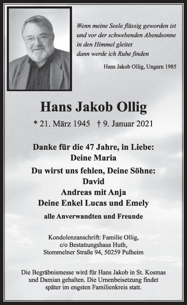  Traueranzeige für Hans Jakob Ollig vom 15.01.2021 aus  Wochenende 
