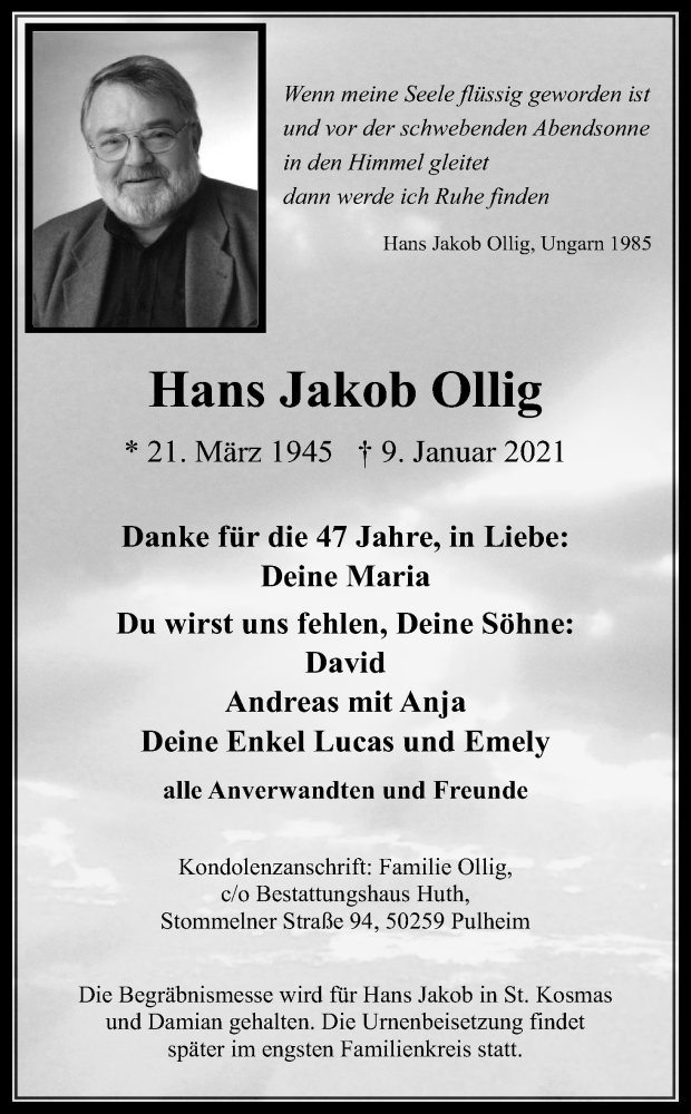  Traueranzeige für Hans Jakob Ollig vom 16.01.2021 aus Kölner Stadt-Anzeiger / Kölnische Rundschau / Express