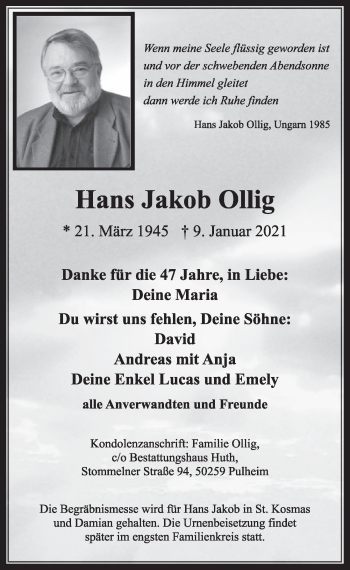 Anzeige von Hans Jakob Ollig von  Wochenende 