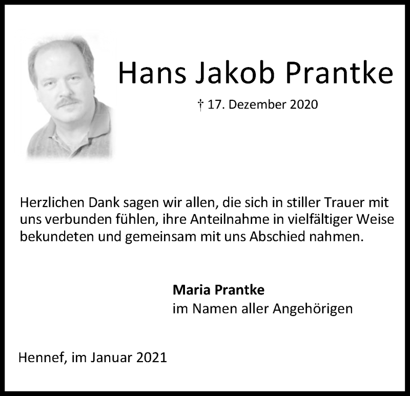  Traueranzeige für Hans Jakob Prantke vom 09.01.2021 aus Kölner Stadt-Anzeiger / Kölnische Rundschau / Express