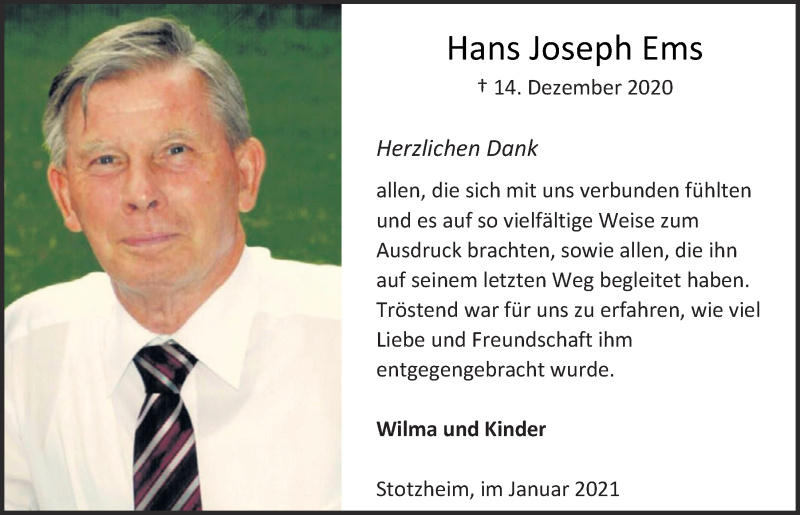  Traueranzeige für Hans Joseph Ems vom 30.01.2021 aus  Blickpunkt Euskirchen 