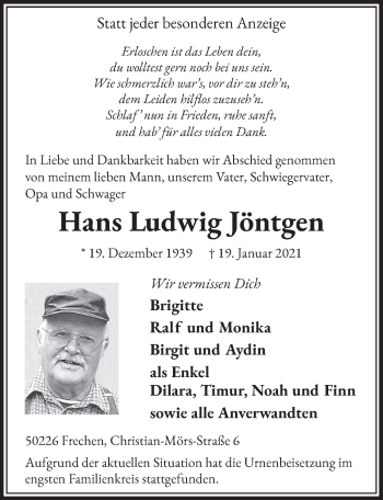 Anzeige von Hans Ludwig Jöntgen von  Wochenende 