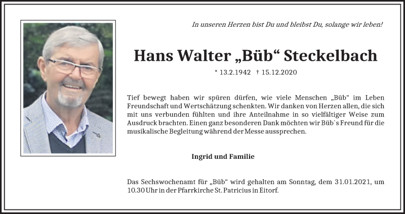  Traueranzeige für Hans Walter Steckelbach vom 16.01.2021 aus Kölner Stadt-Anzeiger / Kölnische Rundschau / Express