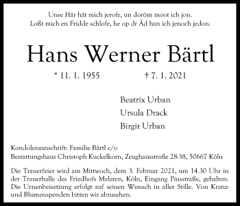 Anzeige von Hans Werner Bärtl von Kölner Stadt-Anzeiger / Kölnische Rundschau / Express