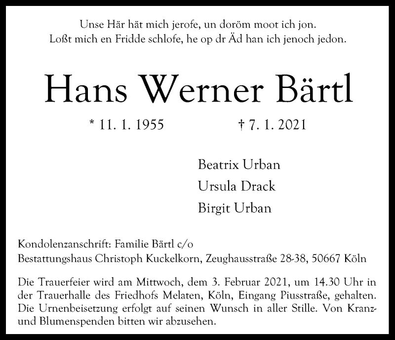  Traueranzeige für Hans Werner Bärtl vom 23.01.2021 aus Kölner Stadt-Anzeiger / Kölnische Rundschau / Express