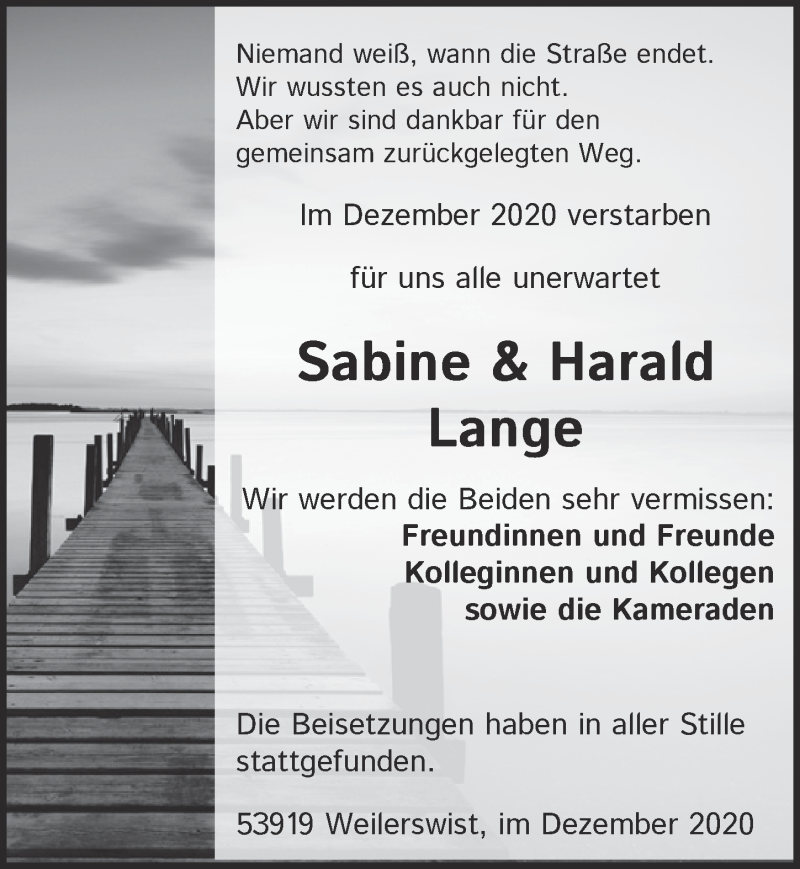  Traueranzeige für Harald Lange vom 02.01.2021 aus  Blickpunkt Euskirchen 