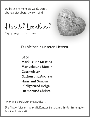 Anzeige von Harald Leonhard von  Lokalanzeiger 