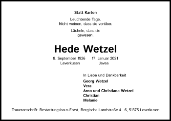 Anzeige von Hede Wetzel von Kölner Stadt-Anzeiger / Kölnische Rundschau / Express