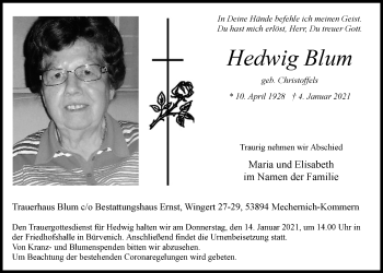 Anzeige von Hedwig Blum von  Blickpunkt Euskirchen 