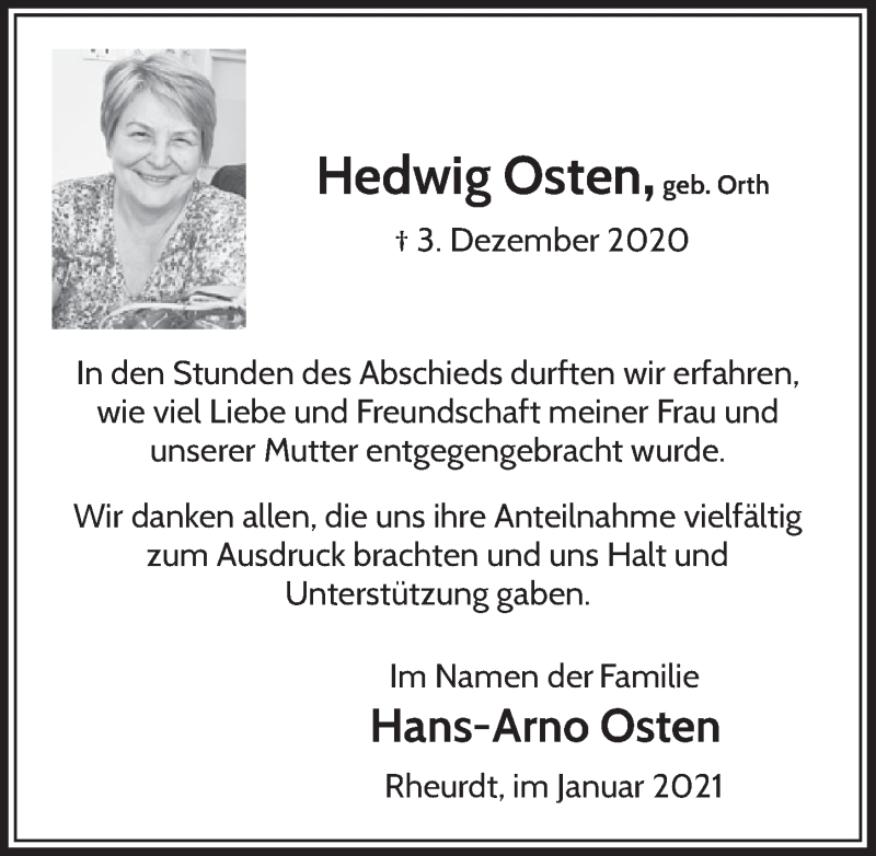 Traueranzeige für Hedwig Osten vom 15.01.2021 aus  Werbepost 