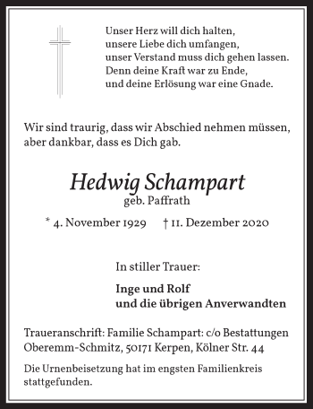 Anzeige von Hedwig Schampart von  Wochenende 