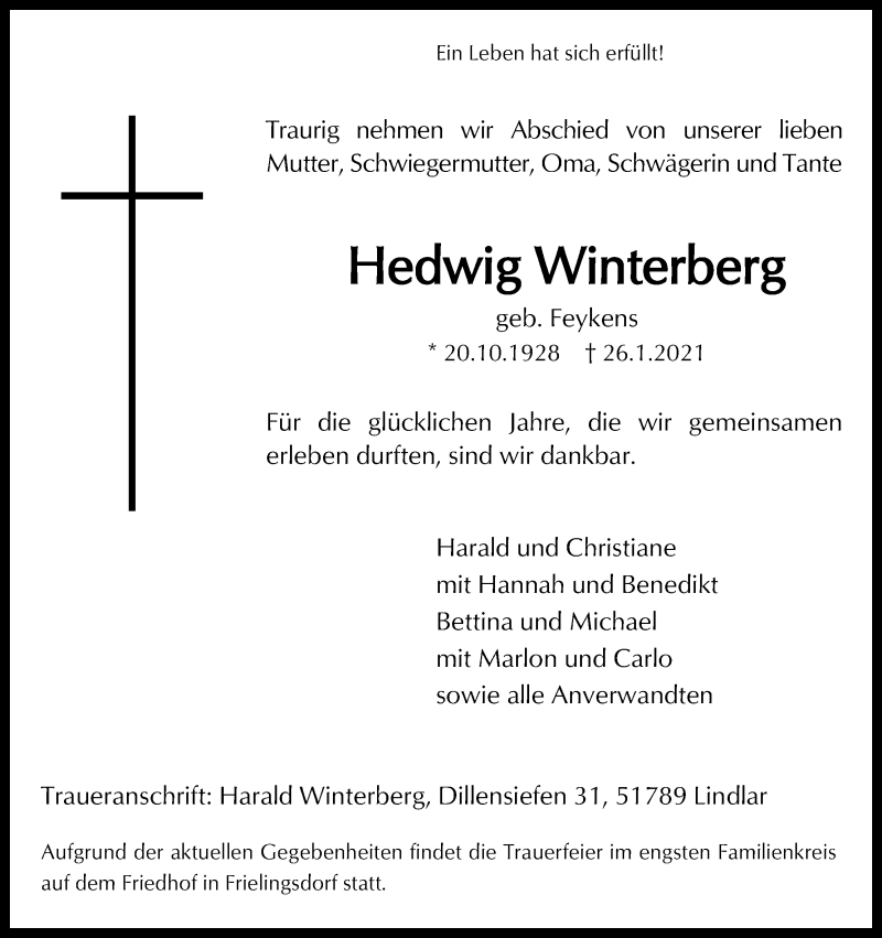  Traueranzeige für Hedwig Winterberg vom 30.01.2021 aus Kölner Stadt-Anzeiger / Kölnische Rundschau / Express