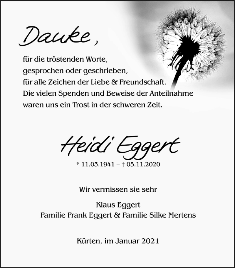  Traueranzeige für Heidi Eggert vom 15.01.2021 aus  Bergisches Handelsblatt 