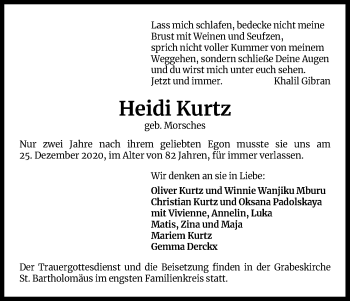 Anzeige von Heidi Kurtz von Kölner Stadt-Anzeiger / Kölnische Rundschau / Express