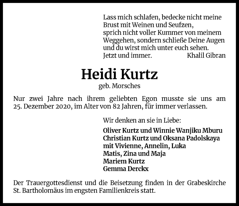  Traueranzeige für Heidi Kurtz vom 16.01.2021 aus Kölner Stadt-Anzeiger / Kölnische Rundschau / Express