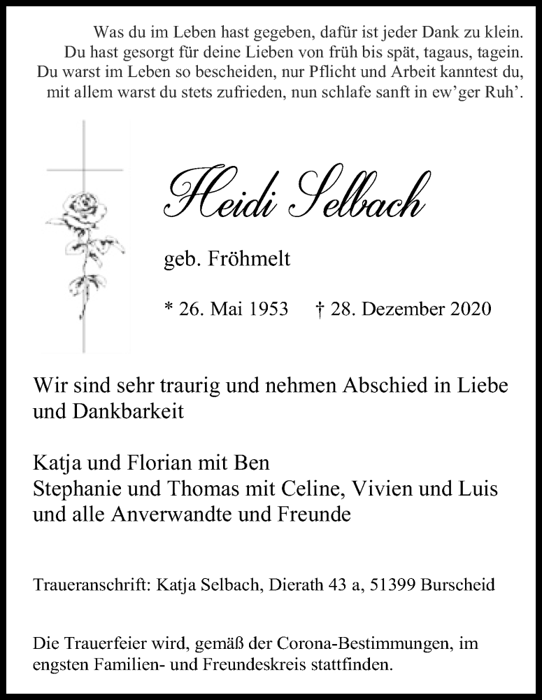  Traueranzeige für Heidi Selbach vom 06.01.2021 aus Kölner Stadt-Anzeiger / Kölnische Rundschau / Express