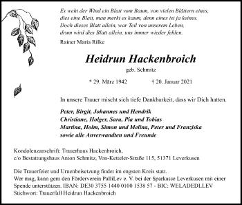 Anzeige von Heidrun Hackenbroich von Kölner Stadt-Anzeiger / Kölnische Rundschau / Express