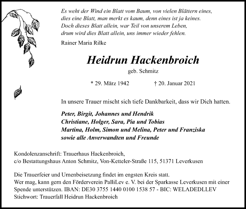  Traueranzeige für Heidrun Hackenbroich vom 30.01.2021 aus Kölner Stadt-Anzeiger / Kölnische Rundschau / Express