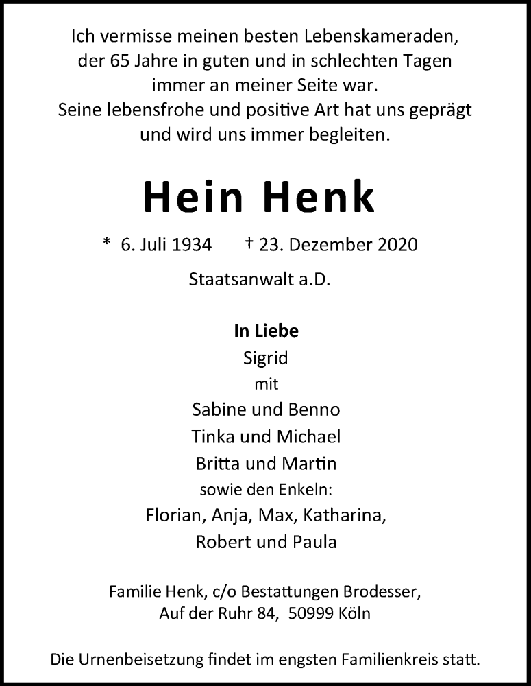  Traueranzeige für Hein Henk vom 09.01.2021 aus Kölner Stadt-Anzeiger / Kölnische Rundschau / Express