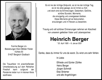 Anzeige von Heinrich Berger von Kölner Stadt-Anzeiger / Kölnische Rundschau / Express