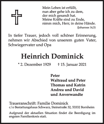 Anzeige von Heinrich Dominick von  Schlossbote/Werbekurier 