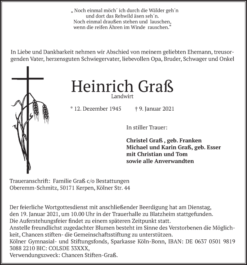  Traueranzeige für Heinrich Graß vom 22.01.2021 aus  Werbepost 