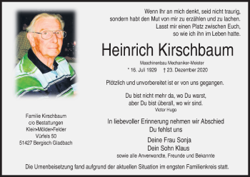 Anzeige von Heinrich Kirschbaum von Kölner Stadt-Anzeiger / Kölnische Rundschau / Express