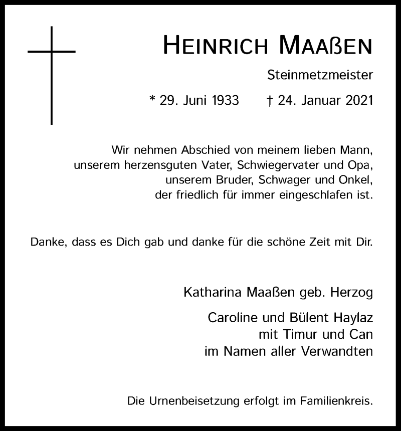  Traueranzeige für Heinrich Maaßen vom 30.01.2021 aus Kölner Stadt-Anzeiger / Kölnische Rundschau / Express