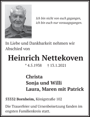 Anzeige von Heinrich Nettekoven von  Schaufenster/Blickpunkt 