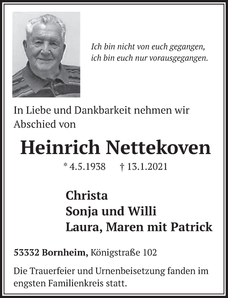  Traueranzeige für Heinrich Nettekoven vom 22.01.2021 aus  Schaufenster/Blickpunkt 