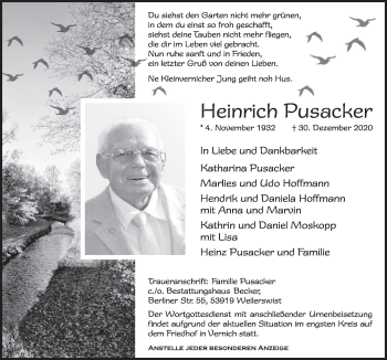 Anzeige von Heinrich Pusacker von  Blickpunkt Euskirchen 