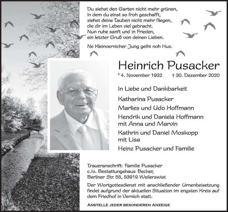  Traueranzeige für Heinrich Pusacker vom 09.01.2021 aus  Blickpunkt Euskirchen 