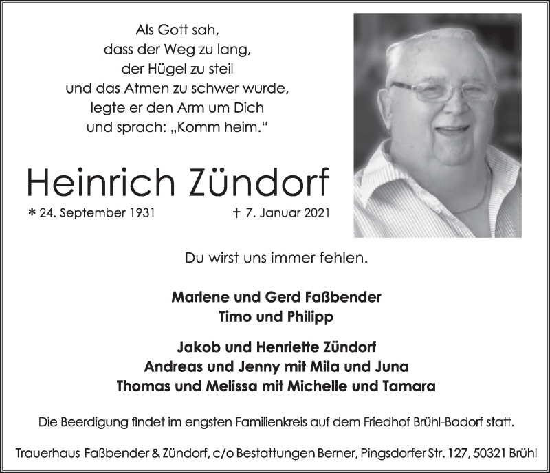  Traueranzeige für Heinrich Zündorf vom 15.01.2021 aus  Schlossbote/Werbekurier 
