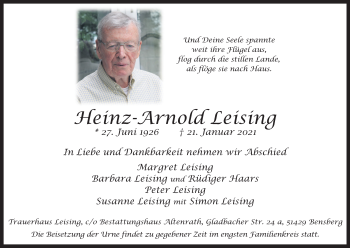 Anzeige von Heinz-Arnold Leising von Kölner Stadt-Anzeiger / Kölnische Rundschau / Express