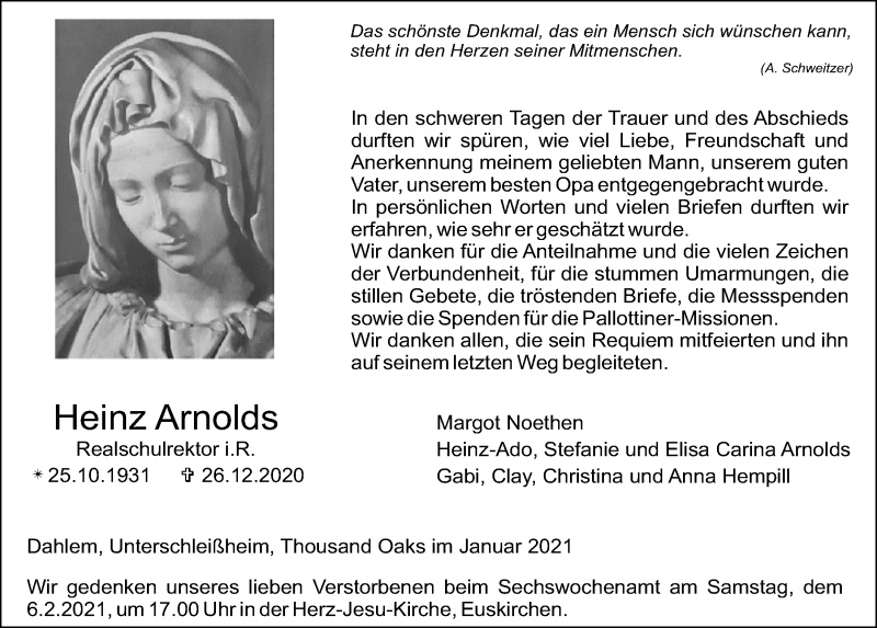  Traueranzeige für Heinz Arnolds vom 18.07.2023 aus  Blickpunkt Euskirchen 