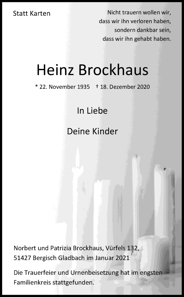  Traueranzeige für Heinz Brockhaus vom 09.01.2021 aus Kölner Stadt-Anzeiger / Kölnische Rundschau / Express