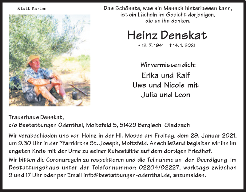  Traueranzeige für Heinz Denskat vom 23.01.2021 aus Kölner Stadt-Anzeiger / Kölnische Rundschau / Express