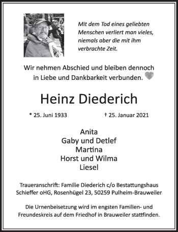 Anzeige von Heinz Diederich von  Wochenende 