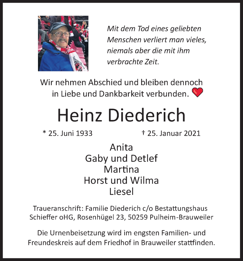  Traueranzeige für Heinz Diederich vom 30.01.2021 aus Kölner Stadt-Anzeiger / Kölnische Rundschau / Express