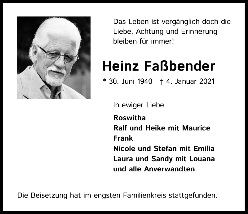  Traueranzeige für Heinz Faßbender vom 23.01.2021 aus Kölner Stadt-Anzeiger / Kölnische Rundschau / Express